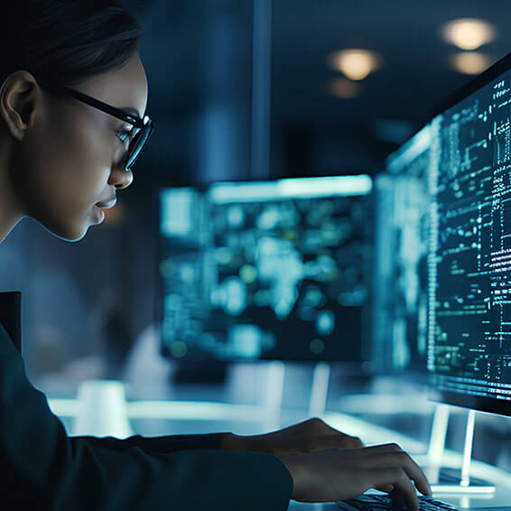 A woman in glasses is diligently working on her computer